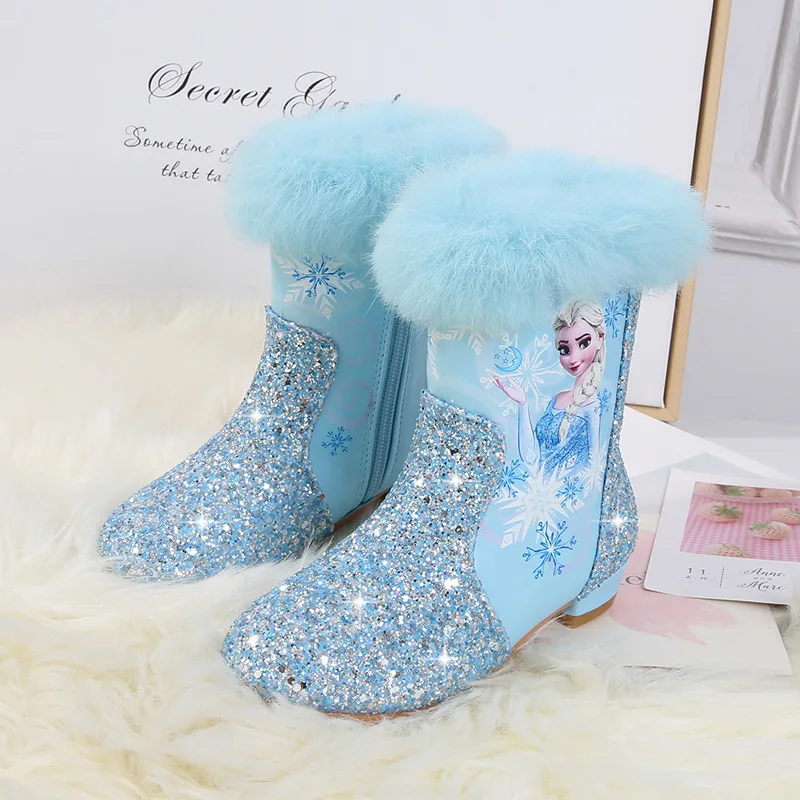 girls High Heel Boots 2024 Winter New Children\'s Short Boots Little Kids Plush Warm Snow Boots Elsa Princess Cotton Boots