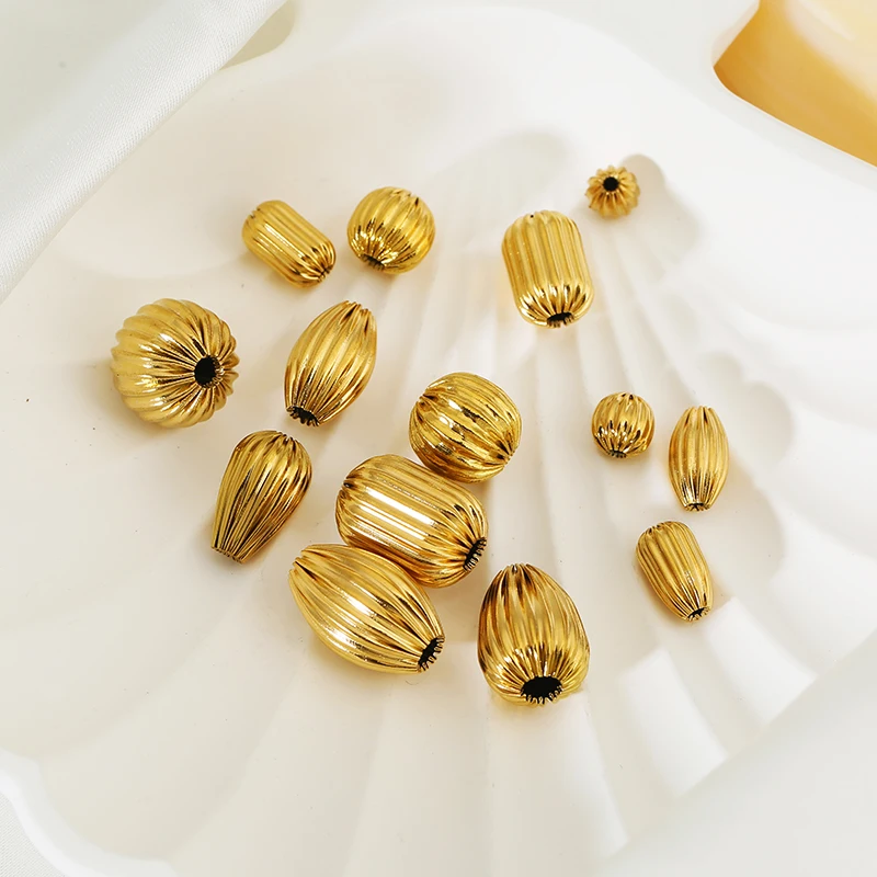 5pcs Stainless Steel Retro Corrugated Loose Beads Circular Elliptical Teardrop Shape Beads DIY Bracelet Necklace Jewelry Making