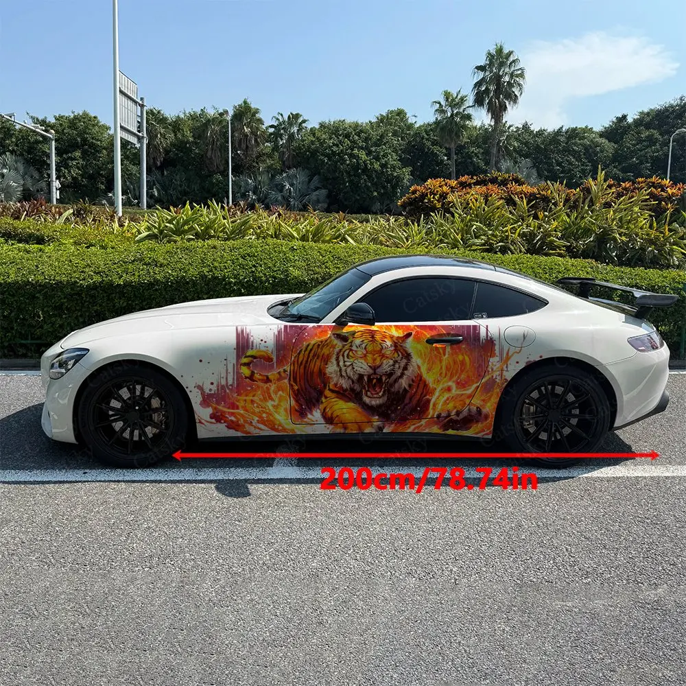 2pcs Blazing Flame Pouncing Tiger Car Side Wraps, Self-Adhesive PVC Waterproof & Scratch-Resistant Stickers, Car Accessory Gift