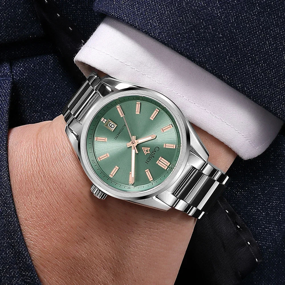 CADISEN New Luminous Men Automatic Mechanical Watches NH35 Sapphire Stainless Steel AR Coating 10Bar Clock Green Watch for Men