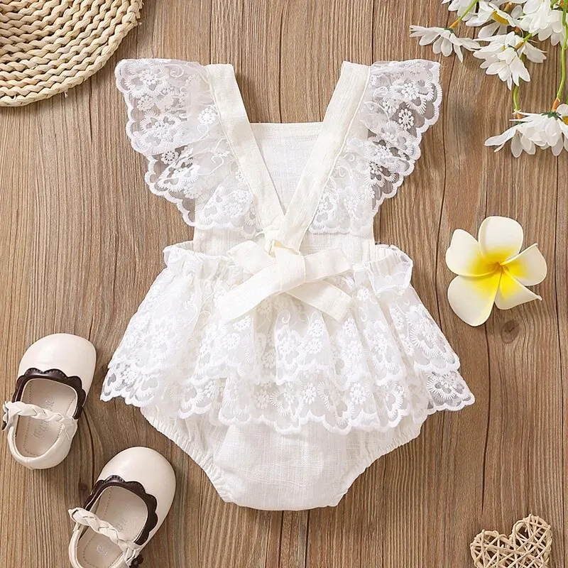 Newborn Baby Rainbow Embroidered Lace Flying Sleeves Romper