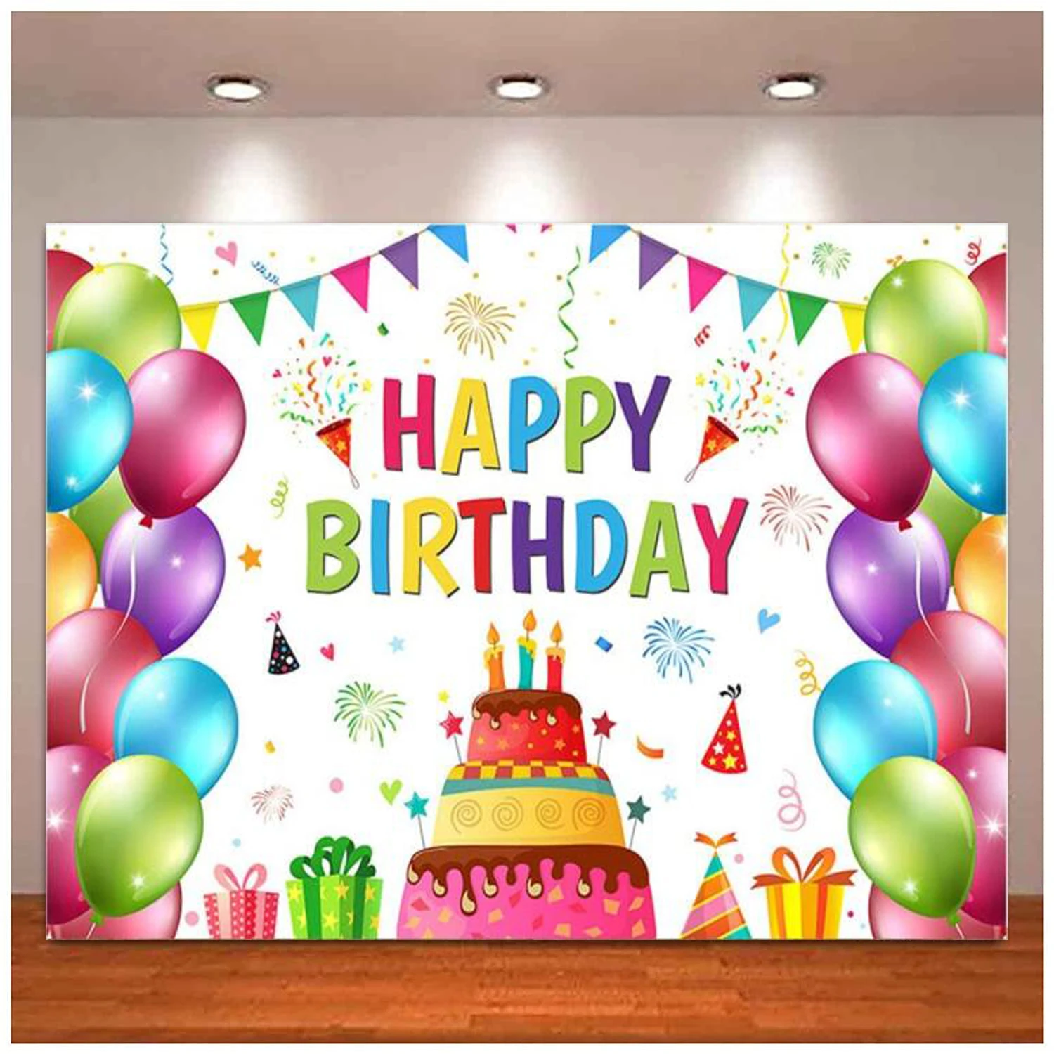 Happy Birthday Photography Backdrop Colorful Balloons Candy Cake Candles Child Gift Box Background Party Cake Table Decor Poster