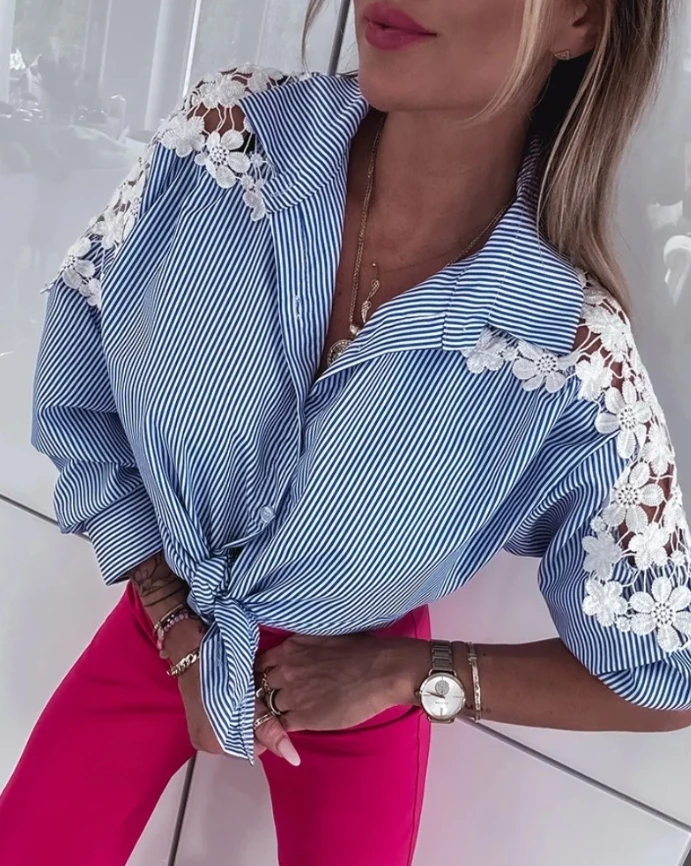 

Woman Blouse 2025 Spring New Fashion Striped Turn-Down Collar Long Sleeve Contrast Lace Shirt Casual Tied Detail Blouse