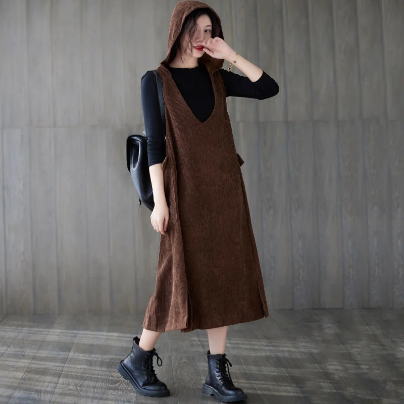 #4055 Black Brown Hooded Corduroy Dress Women V-neck Loose Vintage A-line Sleeveless Tank Top Dress Ladies Side Pockets Winter