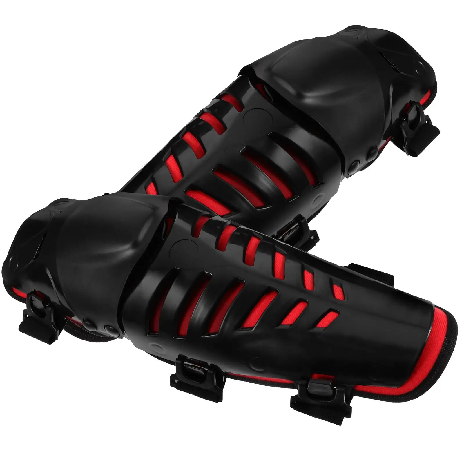 

Cycling Knee Pads Motorcycle Protection Red Background Black Shell Adjustable Straps Impact Resistance Sports Gear Skate Ski