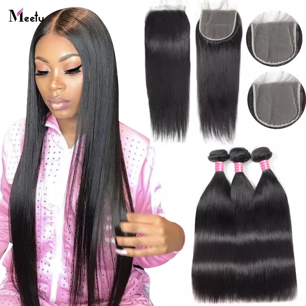 Meetu Bundles With Closure Bone Straight Human Hair Bundles With Transparent Lace Closure Brazilian Remy Hair Weave Extension