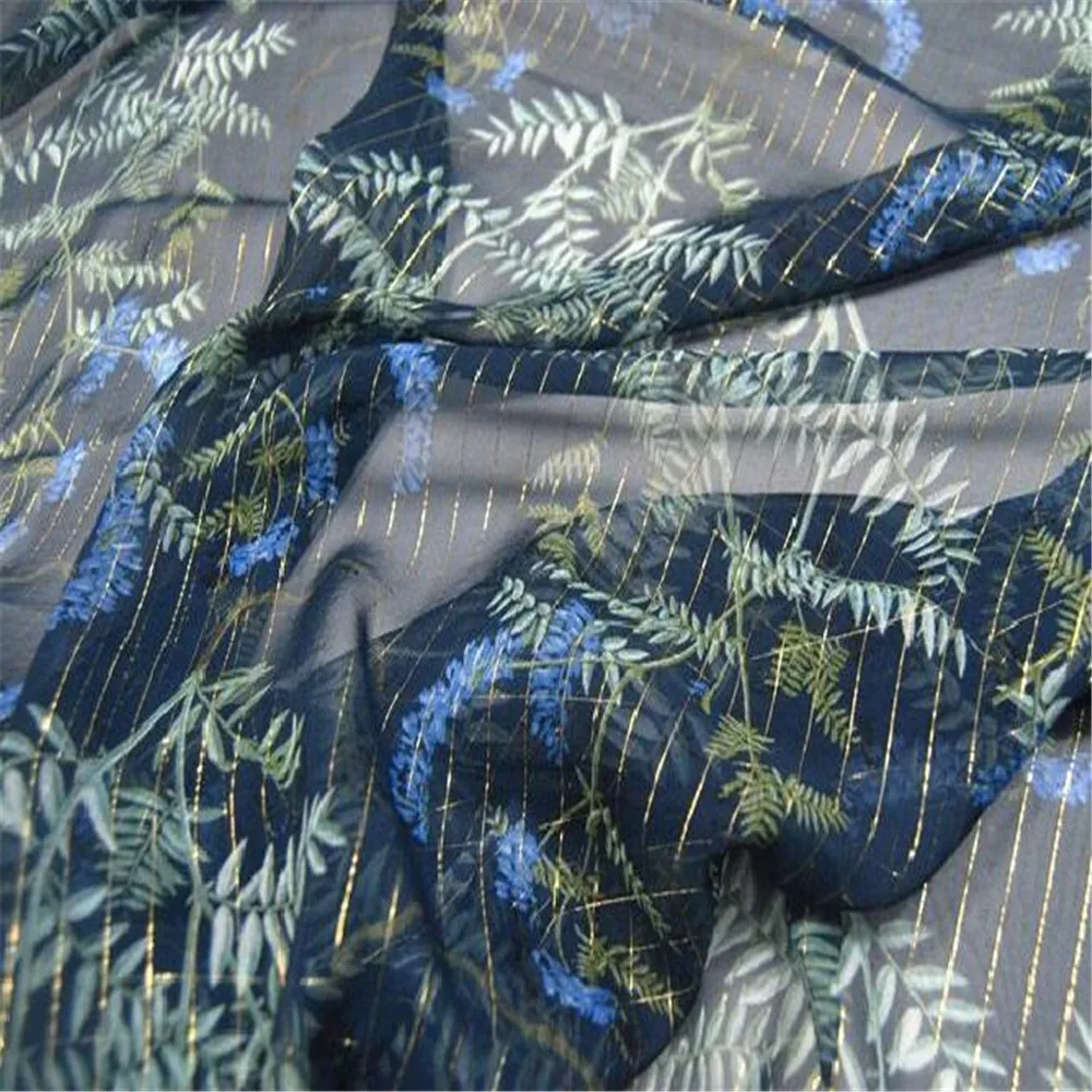 Sheer Popular Printed Natural Pure Printed Leaf Plant Silk Metalllic Line Fabric for Lady Spring Scarf Dress