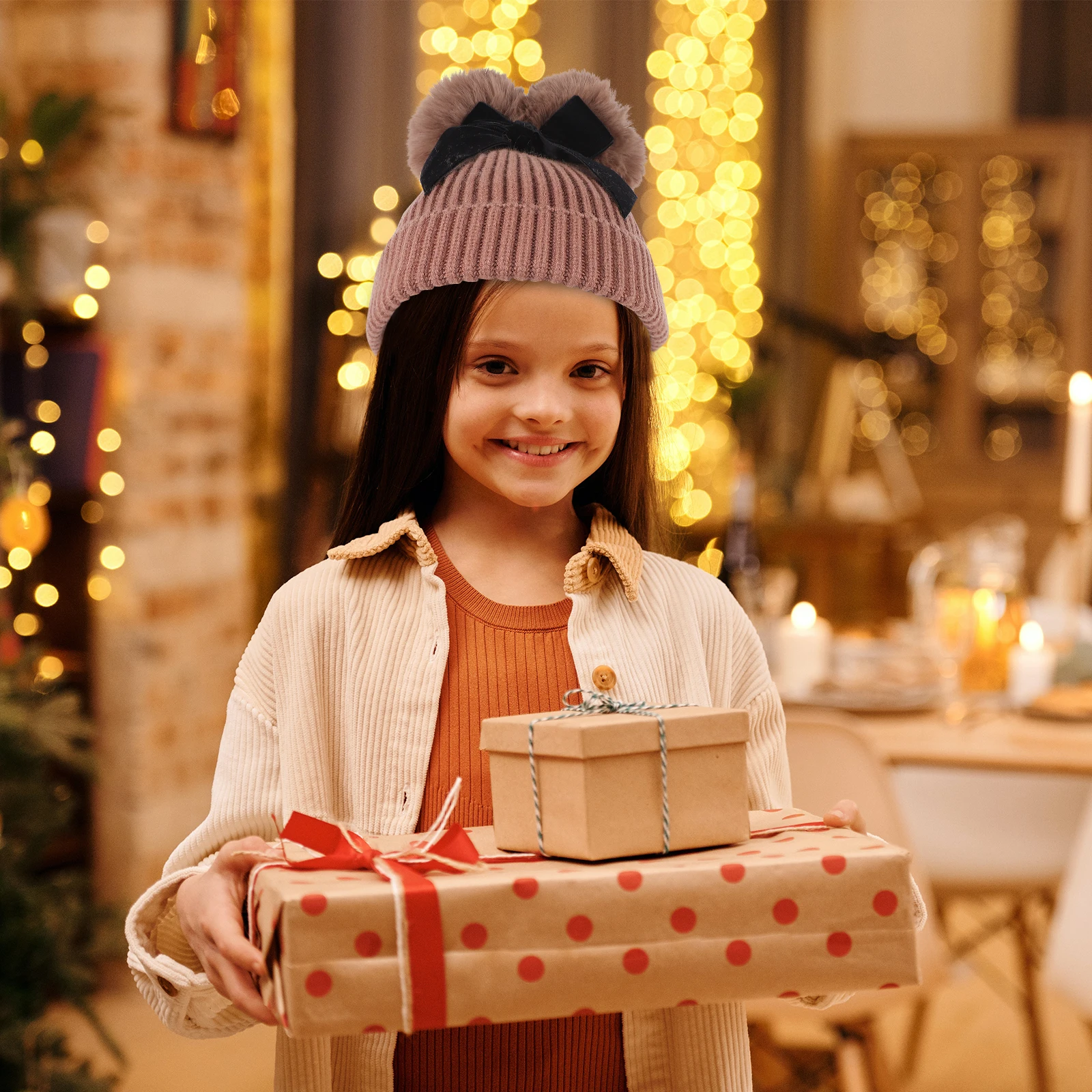 

Children Knitted Hat Soft Comfortable Kids Winter Warm Toddler Boys Girls Bright Colors Elastic Furry Balls Bow Decor Hats