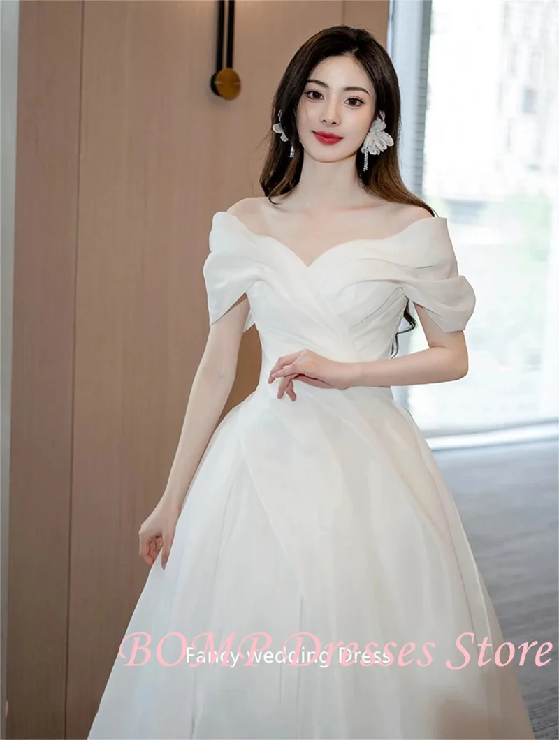 BOMP Princess Korea Off Shoulder Wedding Dress Photography Organza Short Sleeve Long Train Pleats Bridal Gown customized