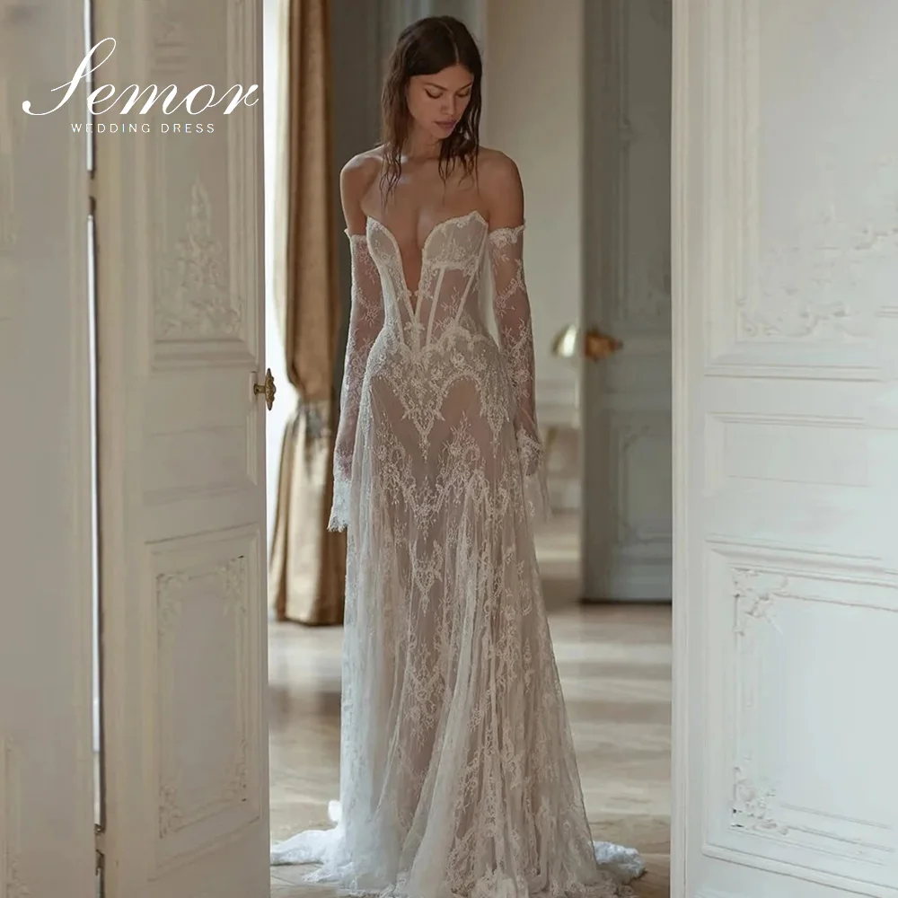 Semor Luxurious Ivory A-Line Wedding Dress Lace Illusion Sexy Bride Dress Floor Length Wedding Gown Bridal Gown New Customized