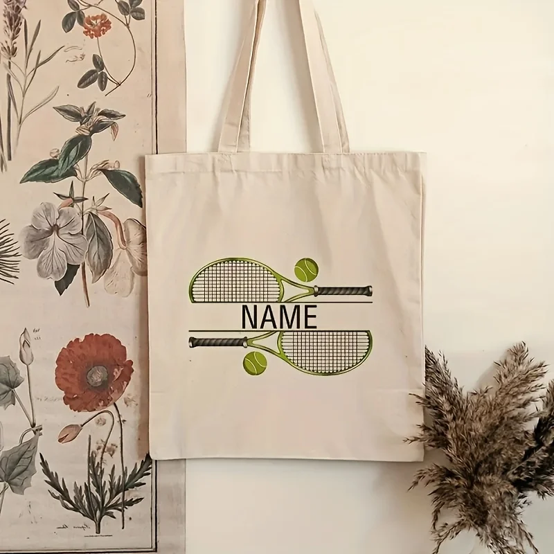 Personalized Tennis Tote Bag Custom Name Text Tennis Racket and Ball Design Beige with Black Lettering Gift for Tennis Coaches