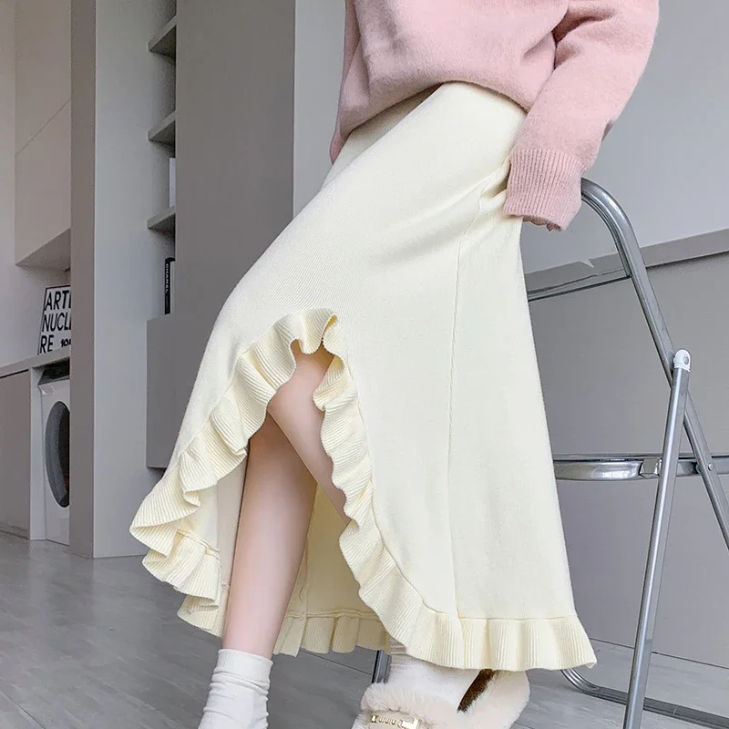 2024 New Autumn Winter Women High Waist Slim Long Skirt High Quality Sweet Irregular Edible Tree Fungus Hem Knitted Skirt