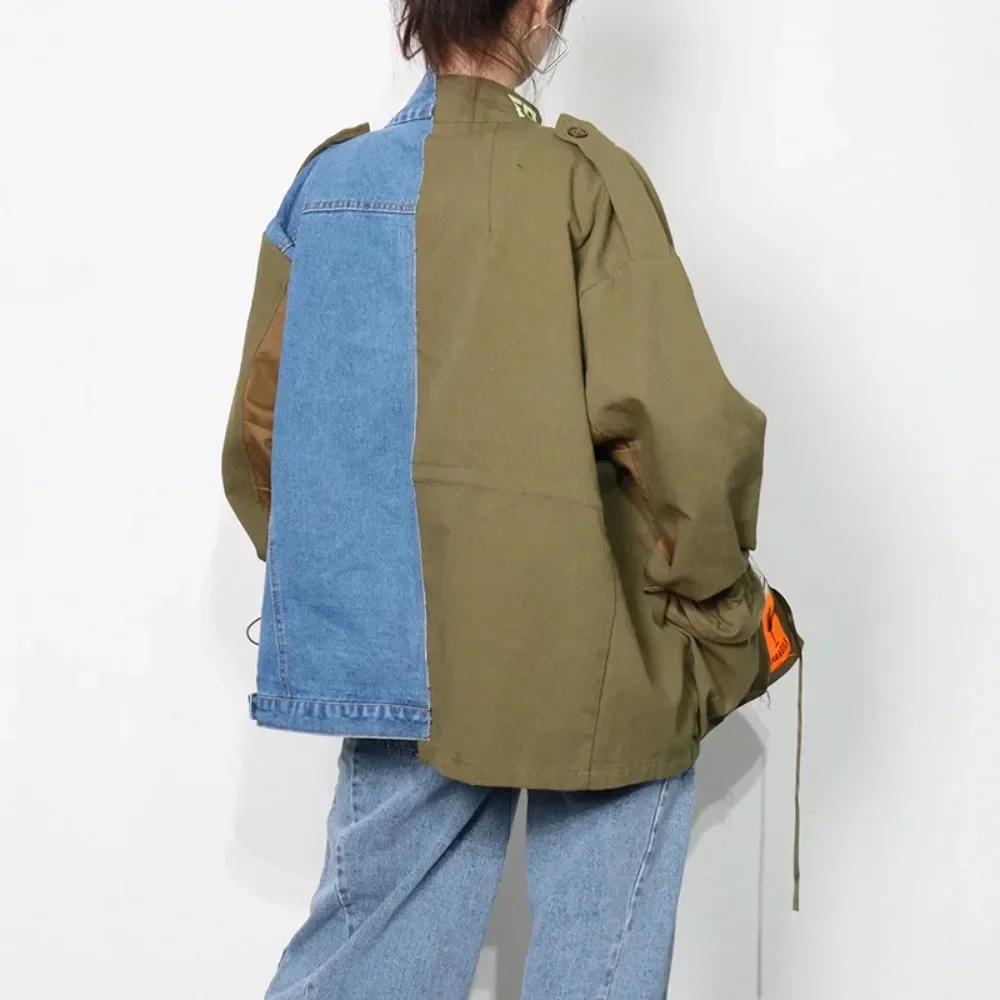 2024 New Denim Jacket Women Spring Jacket Long Sleeve Fake Two Piece Denim Coat Autumn High Quality Lapel Patchwork Vintage