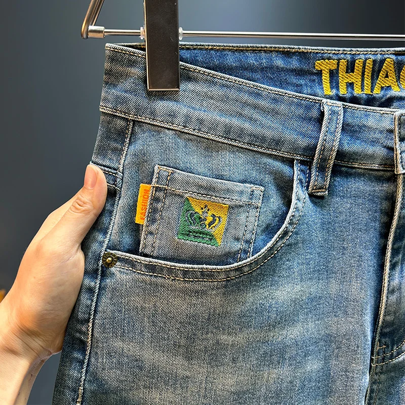 2024 New Casual Denim Shorts For Men And Adolescents Summer Loose Straight Style Fashion Brand Retro Blue Washed Split Pants