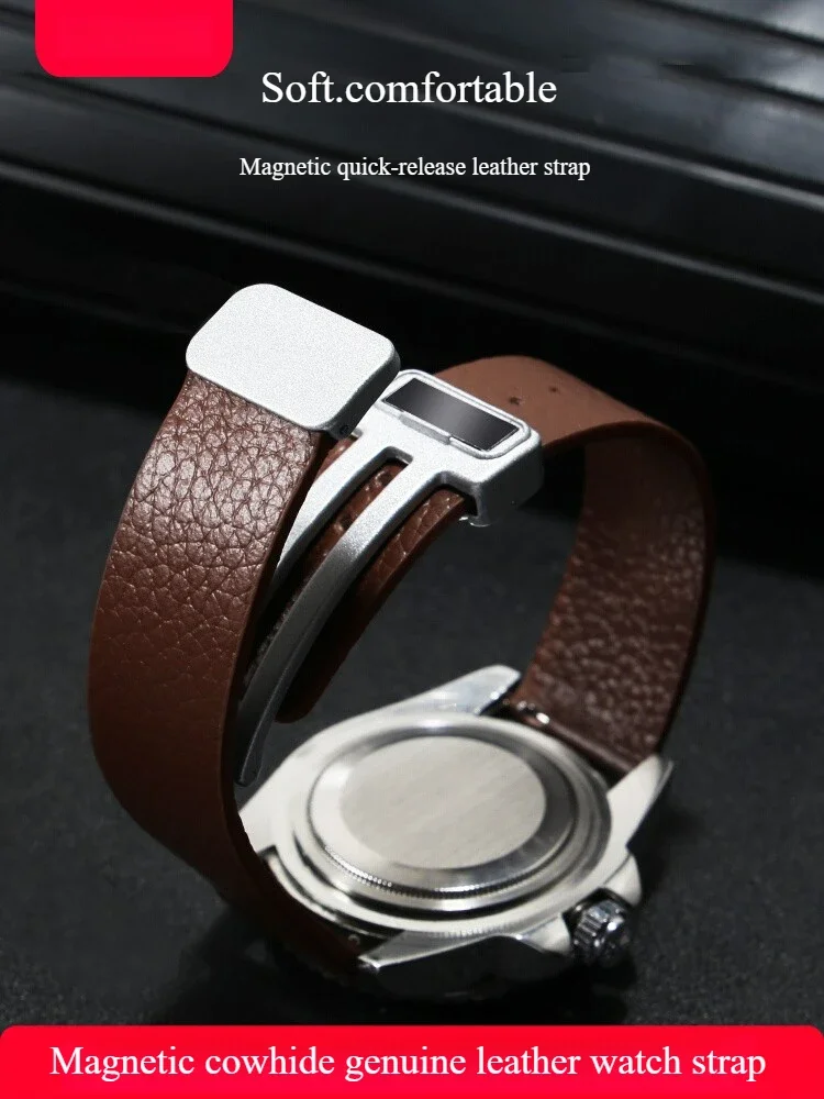 Ultra-soft Cowhide Quick-release Leather Watch Strap for C-a-s-i-o T-i-s-sot  S-eiko Men's and Women's Magnetic Buckle Bracelets