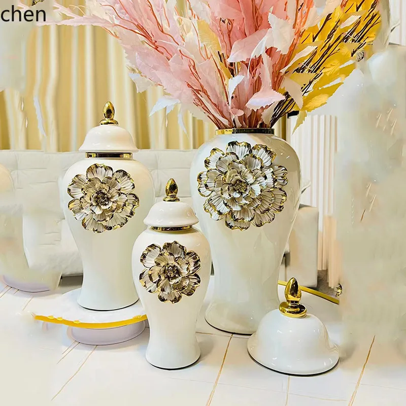 Hxl ceramic hand-painted decal general jar electroplated gold flower vase ornament