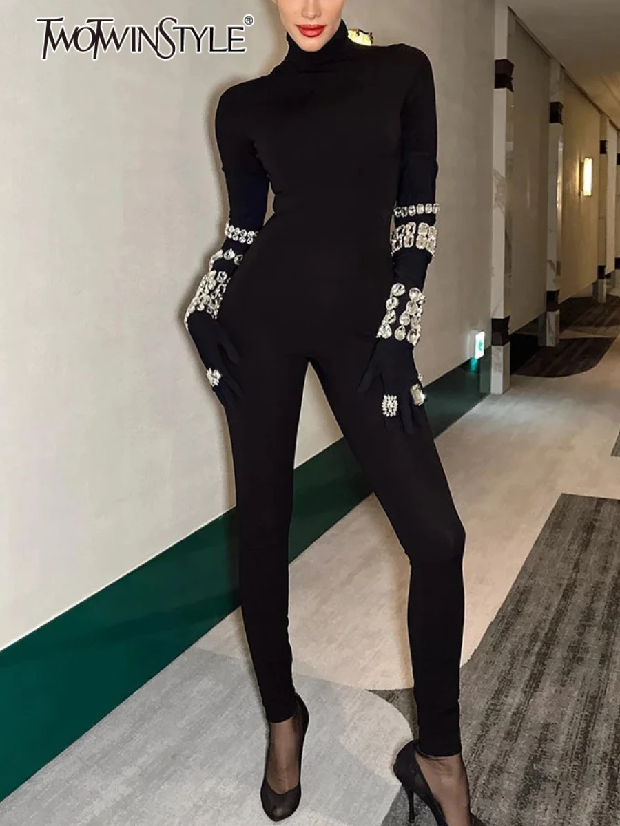 TWOTWINSTYLE Casual Jumpsuits for Women High Collar Long Sleeves Fashion Black Full Length Minimalism Pant Female Clothing New