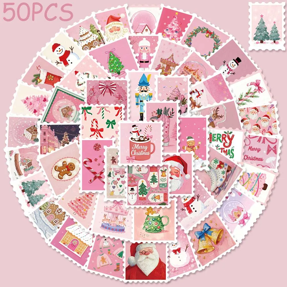 

50pcs Pink Christmas Stamp Stickers Decals For Phone Refrigerator Letter Notebook DIY Aesthetic Stickers Creative Festival Gifts