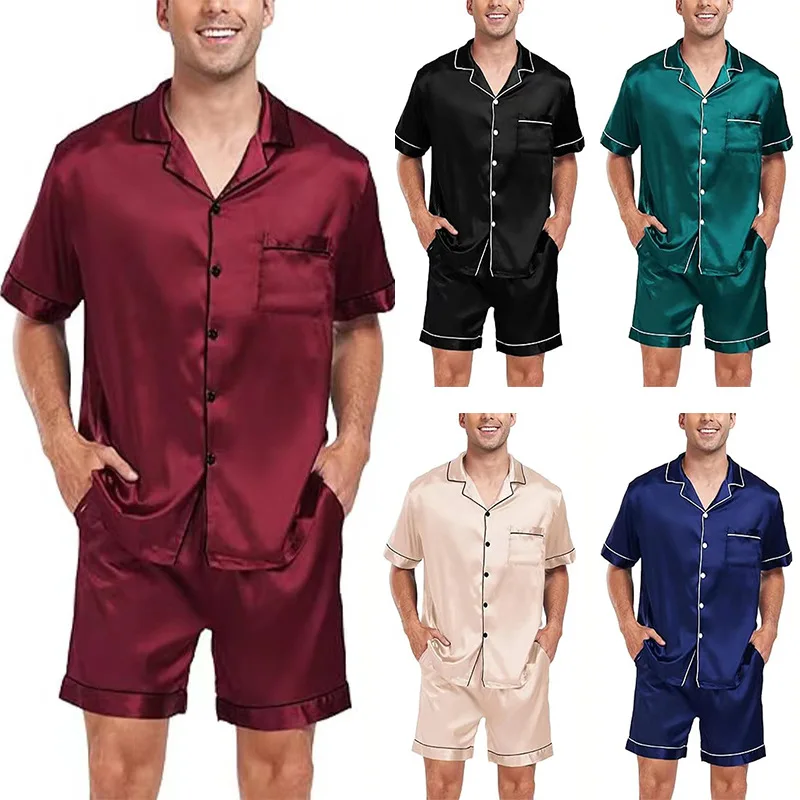 Conjunto de ropa de dormir de satén para hombre, ropa de dormir informal de manga corta con cuello vuelto, Top con botones y pantalones cortos, Verano