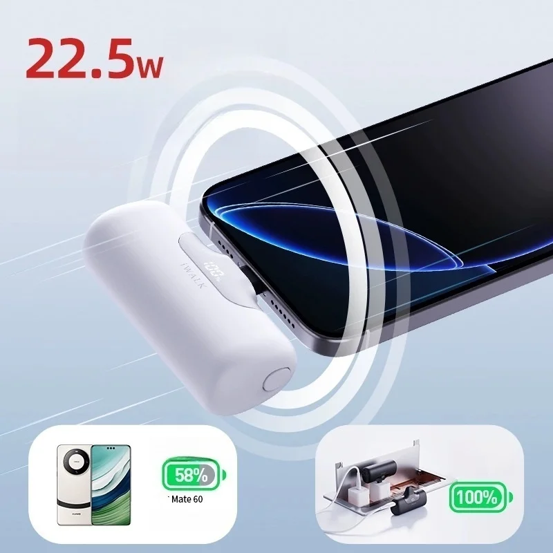 Newly upgraded iWALK Capsule Power Bank - 22.5W fast charging, wireless charging, mini and ultra-portable, 5500mAh capacity