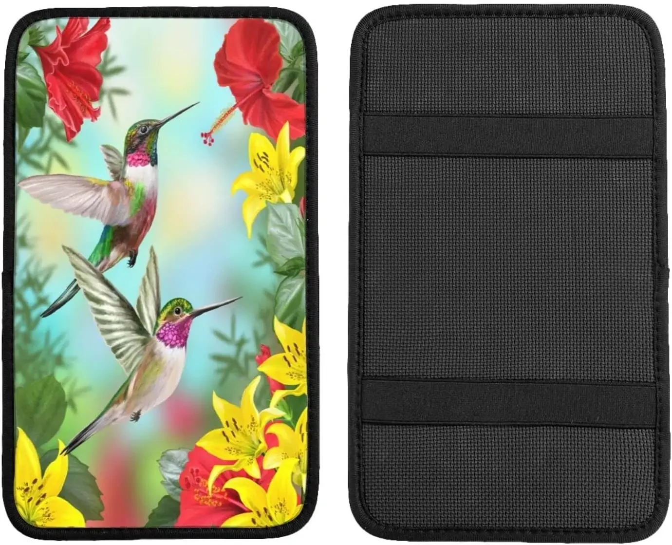 Auto Center Console Armrest Cover Pad, Spring Hummingbirds Poppy Flowers Universal Fit Car Armrest Cover Cushion Mat f