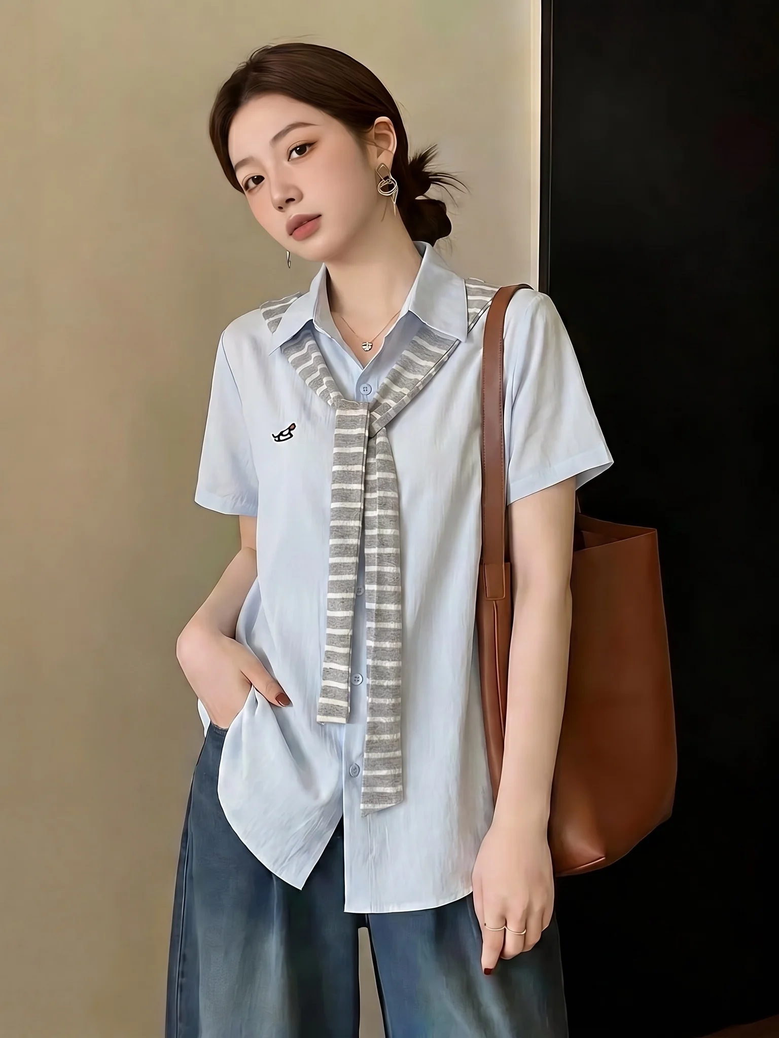 

Light Blue Striped Short Sleeve Shirt Women's Summer New Style plus Size Layering Younger Looking Top Korean Style Commute Wind