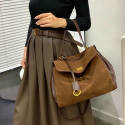 Retro Suede Bag Women Popular Versatile Frosted Texture Messenger Bag Fashion Commuter Luxury Gold Buckle Lock Designer Handbag