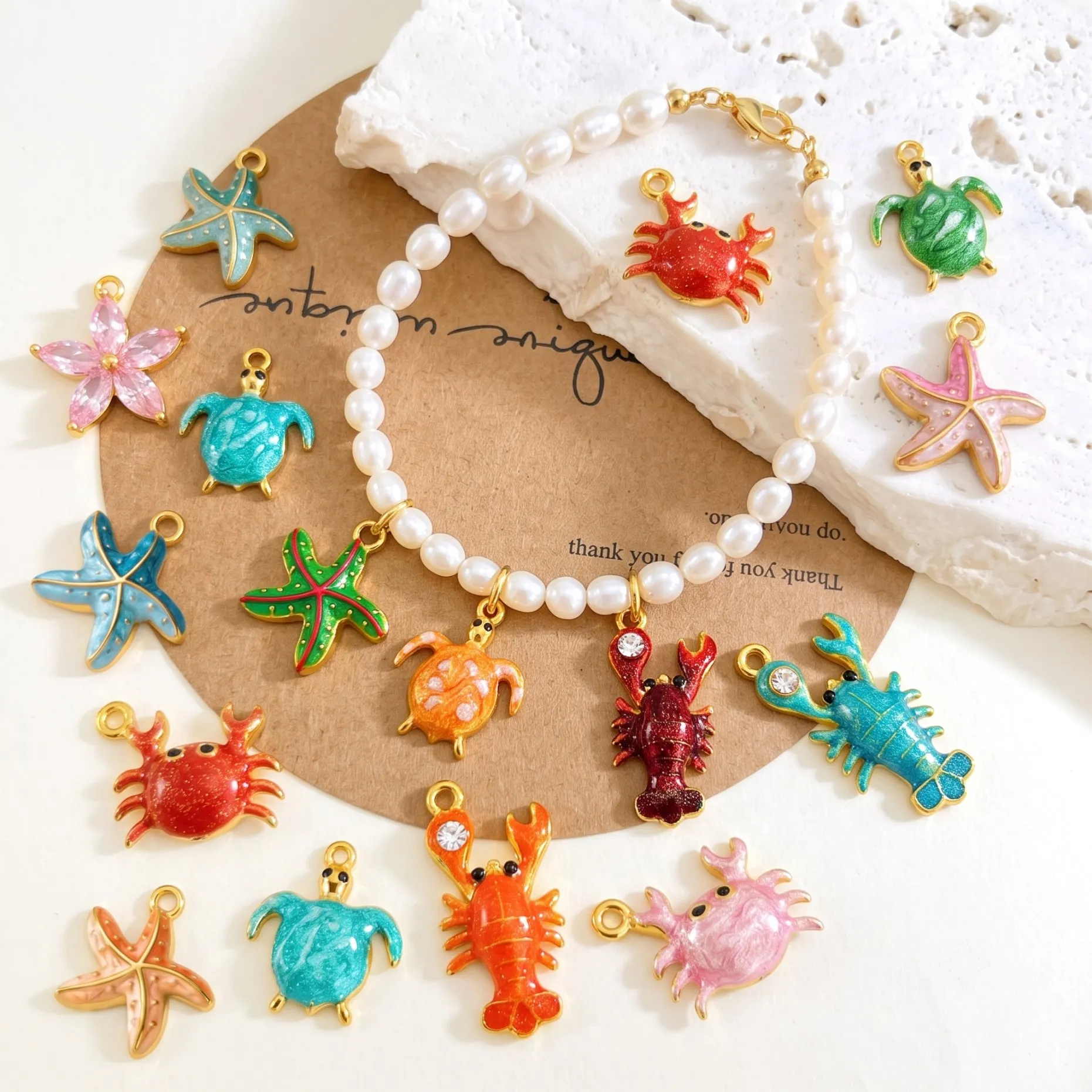 5 Stück Edelstahl-Anhänger mit Emaille-Motiven: Seestern, Hummer, Krabbe für Schmuckherstellung, Halsketten, Ohrringe, DIY-Geschenke – Detail 1