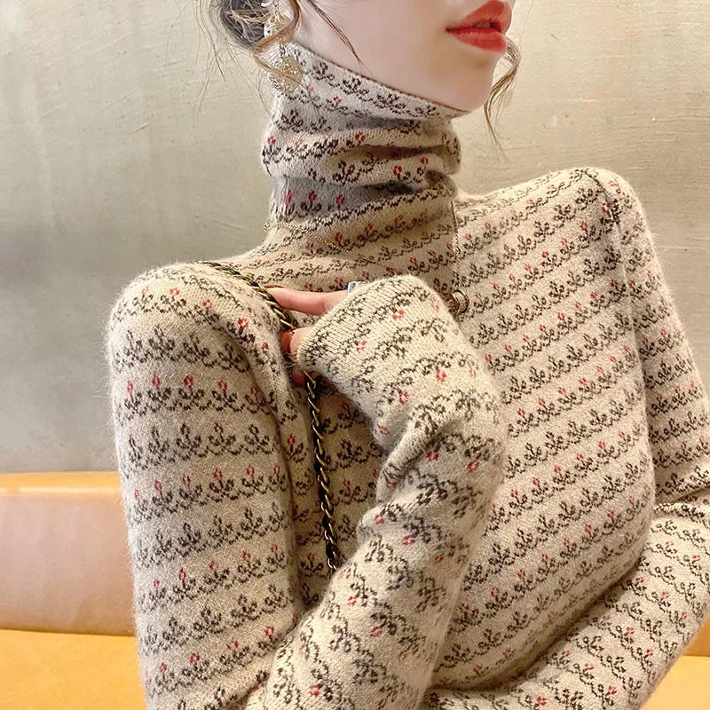 Women Clothes Y2k Knitted Jacquard Turtleneck Slim Sweaters Female Early Spring Fashion Chic Inside Soft Knitwear Tops