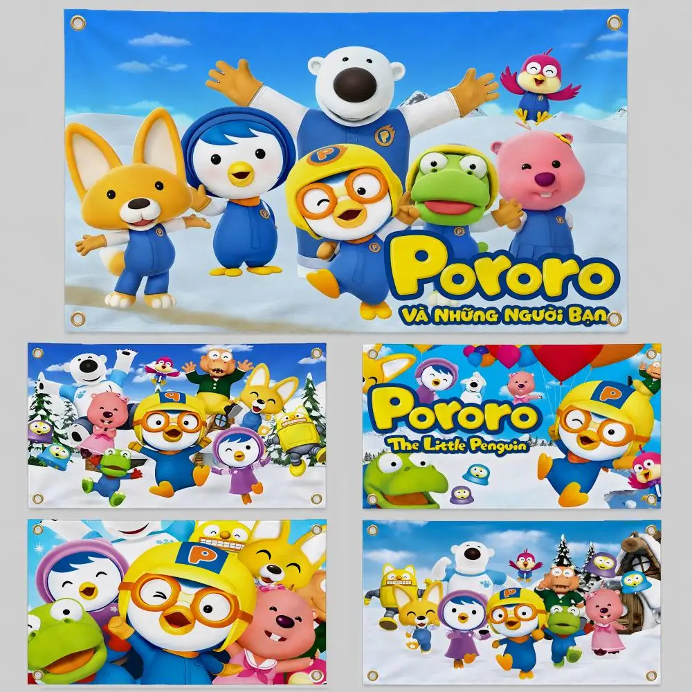 Cartoon Pororo Kawaii Crong Petty Eddy Flags Wall Hanging Background Flag Wall Decor Banners for Outdoor Bedroom Dorm Room Decor