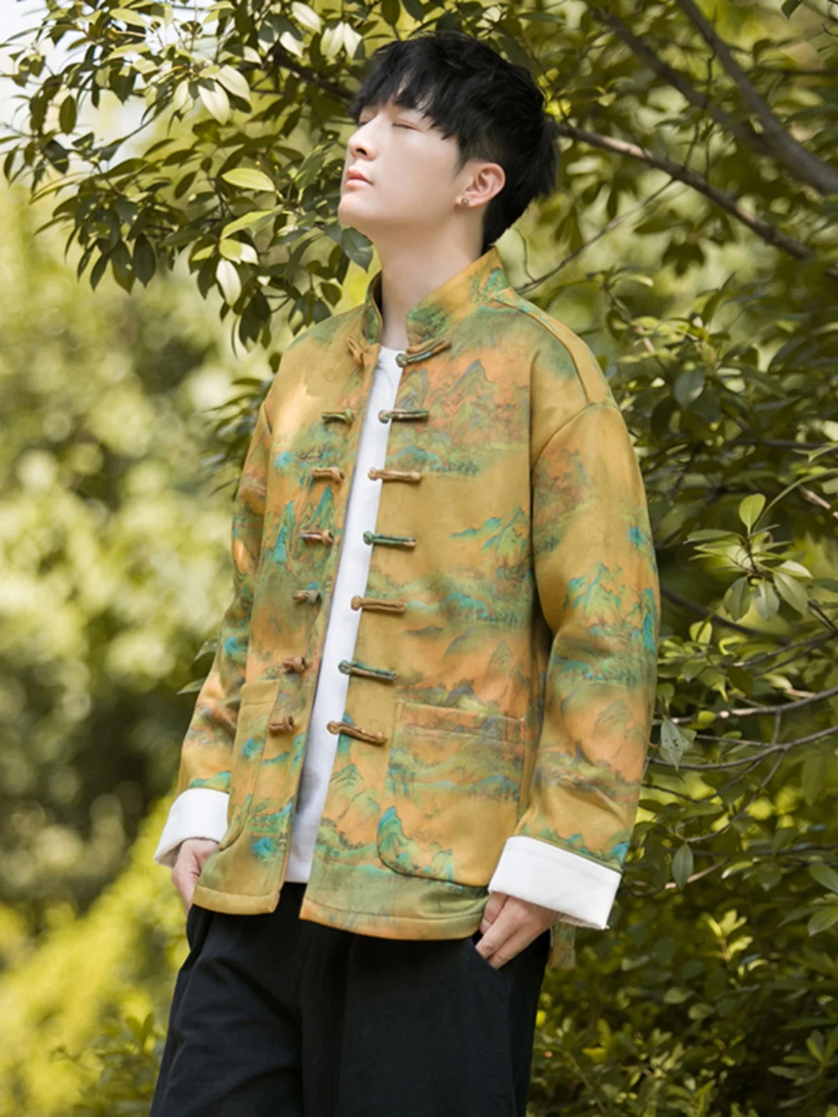 

Новая мужская куртка в китайском стиле: весенне-осеннее пальто с воротником-стойкой на пуговицах, обновленный костюм Тан, свободный крой для молодежи