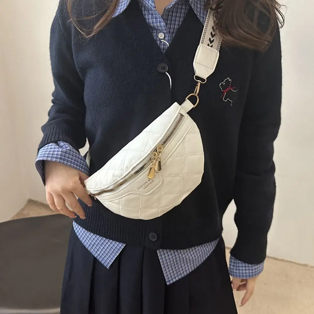 Elegant PU Leather Crossbody Chest Bag Stylish Chain Zipper Woven Lattice Pattern Fanny Pack Wide Strap Shoulder Bag For Women view 5