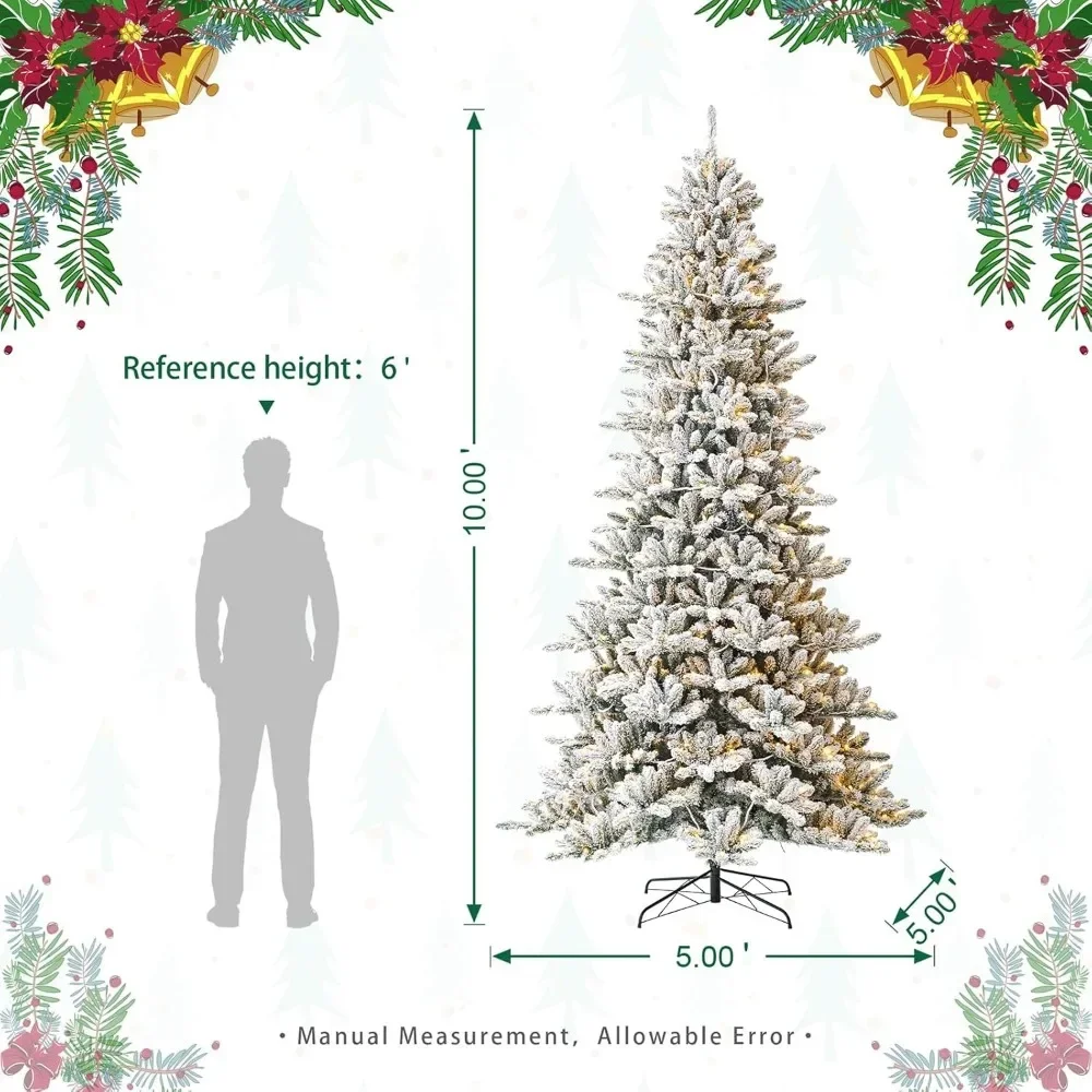 10ft Flocked Fir Christmas Tree,with750 Warm White Lights and Metal Base for Holiday Decoration,Hinged Artificial Christmas Tree