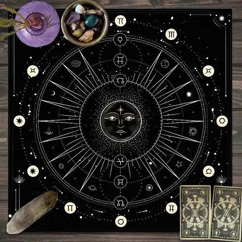 VIKAMA Tarot Card Altar Cloth Black Gold Zodiac Wheel Table Mat for Tarot Reading Divination