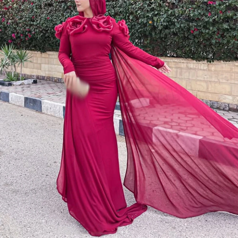 Abiti da ballo a-line personalizzati Abito da sera a maniche lunghe con o-collo lungo fino al pavimento Fiori di moda Abito da festa casual drappeggiato semplice