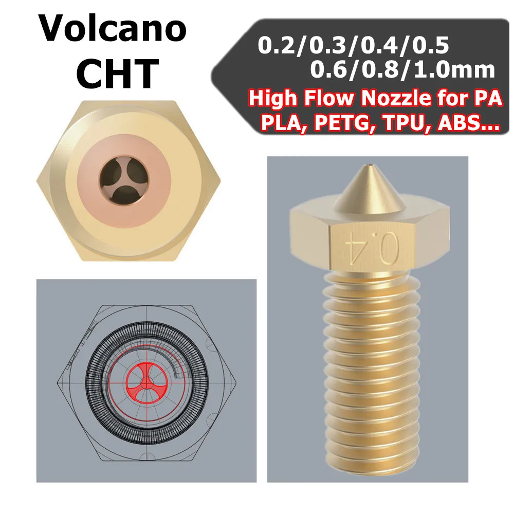 

High Flow Clone CHT Volcano Nozzle Brass 0.2/0.3/0.4/0.5/0.6/0.8/1.0mm Nozzl For Anycubic Vyper/Sidewinder X1&Genius E3D Volcano