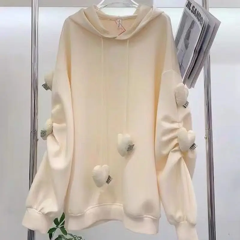 Sweat à capuche tendance automne hiver pour femmes, mignon, haut en trois dimensions, décoration douce, manteau décontracté, ample, Kawaii