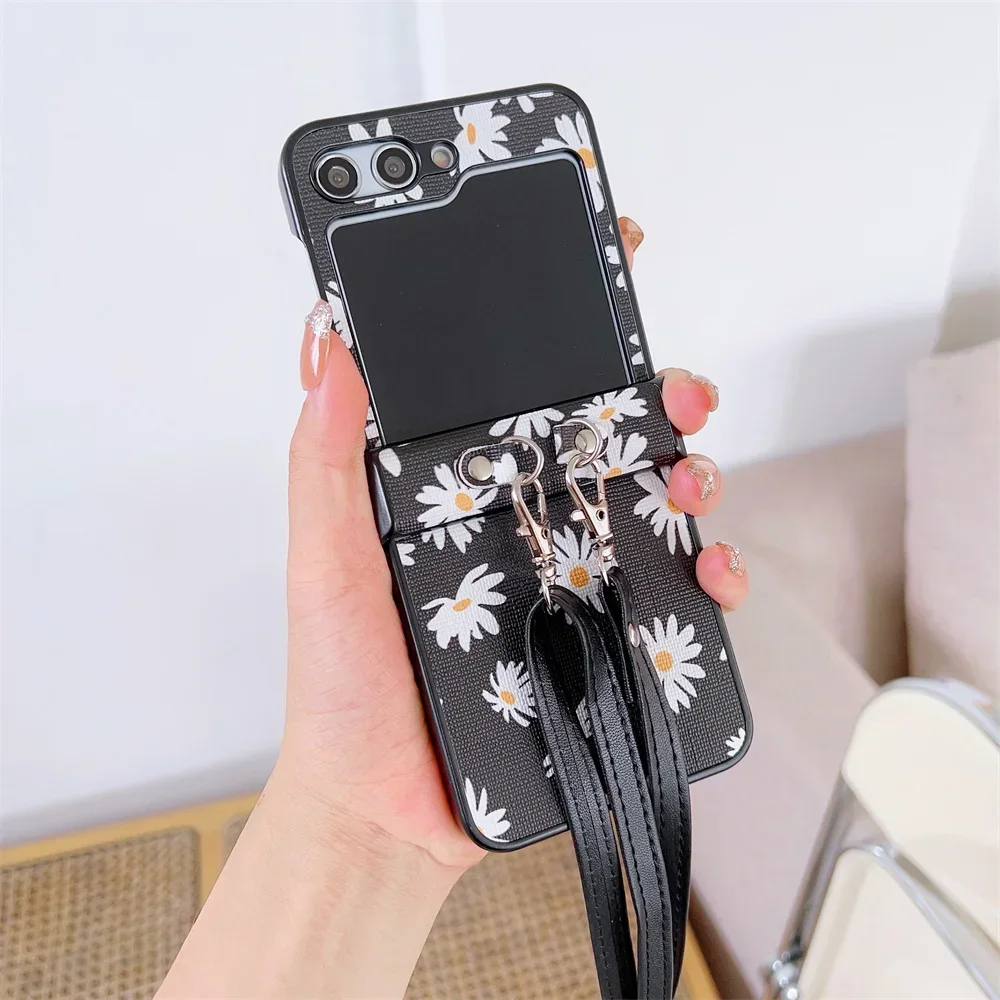 Cute Chrysanthemum Crossbody Lanyard Phone Case For Samsung Galaxy Z Flip 6 5 4 3 5G Hinge Protection Hard PC PU Leather Cover