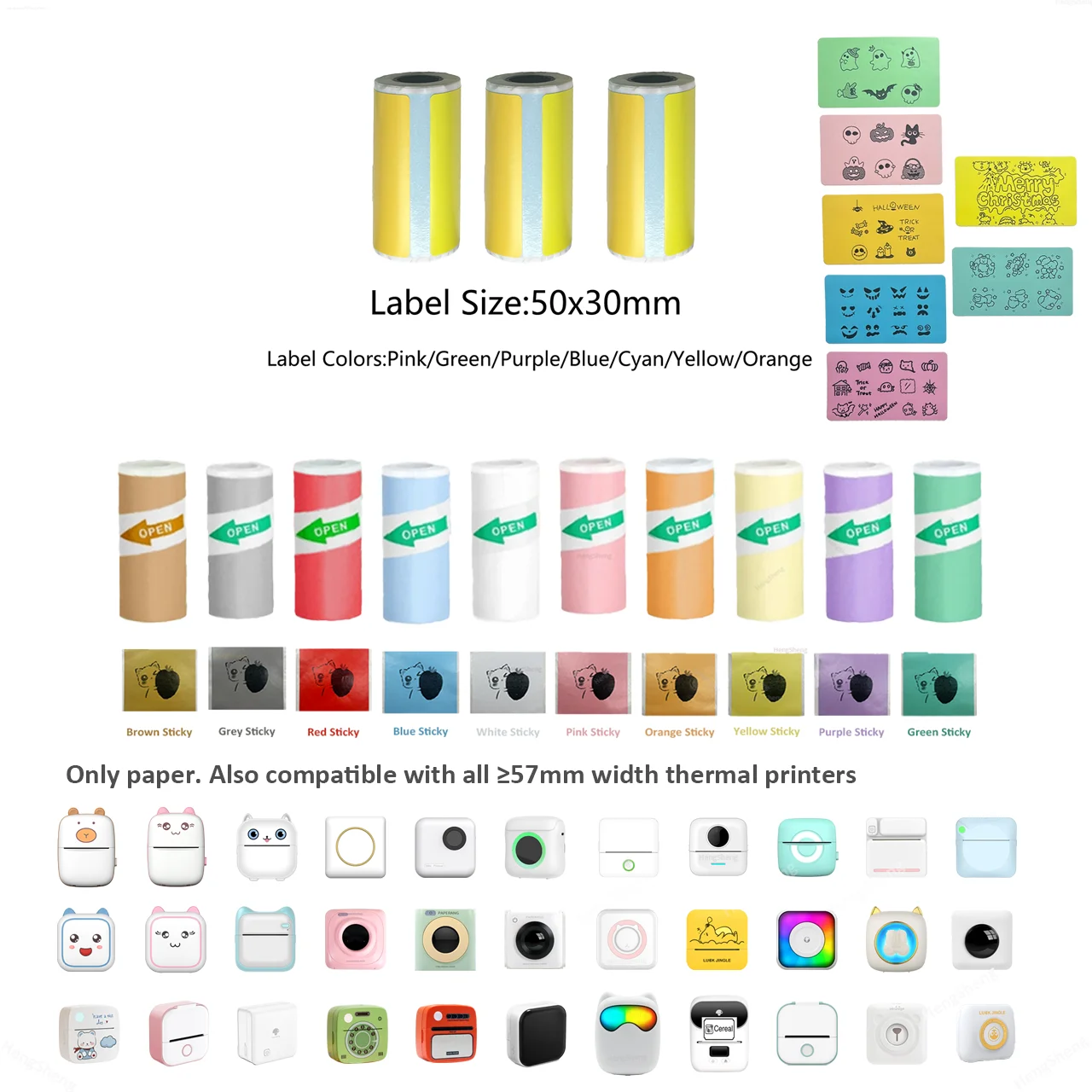 

Цветная наклейка 57 мм, термоэтикетка без BPA для Peripage A6 Cute Cat C9 Paperang P1 Phomemo T02 Junk Jingle