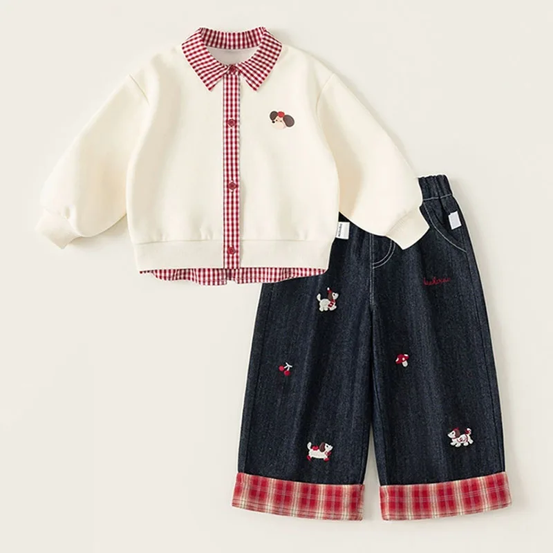 2Piece Spring Autumn Toddler Girl Clothes Korean Fashion Cartoon Long Sleeve Plaid Baby Tops+Loose Jeans Children Clothing B517