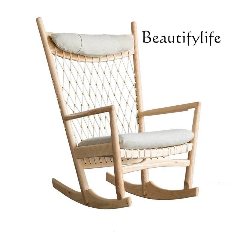 

Nordic solid wood woven rocking chair adult balcony home leisure single sofa nap recliner