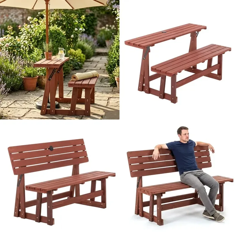 Solid Wood Waterproof UV Protection Folding Picnic Table Outdoor Dining Bench Set with Backrest and Umbrella Hole