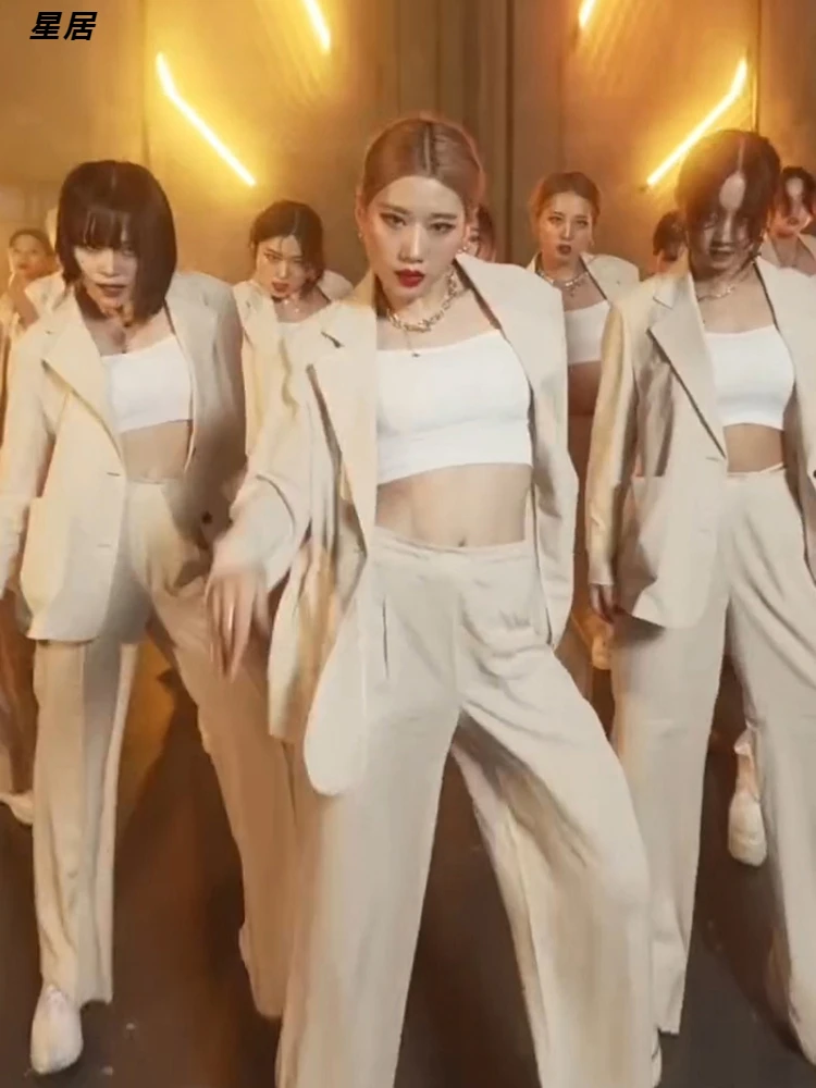 Kpop Women Group Jazz Dancer Outfit Women Street Wear Blazers Jacket Festival Clothing Rave Hip Hop Straight Pants Stage Costume