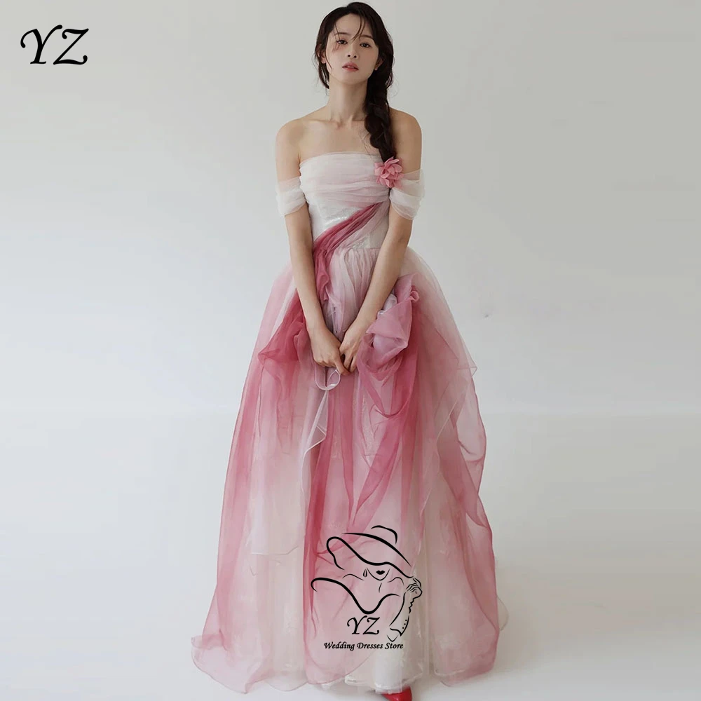 YZ Korean Evening Dresses Customized Strapless Pink Dotted Soft Tulle Wedding Dresses A Line Pleated Wedding Ball Gown 컬러 웨딩드레스