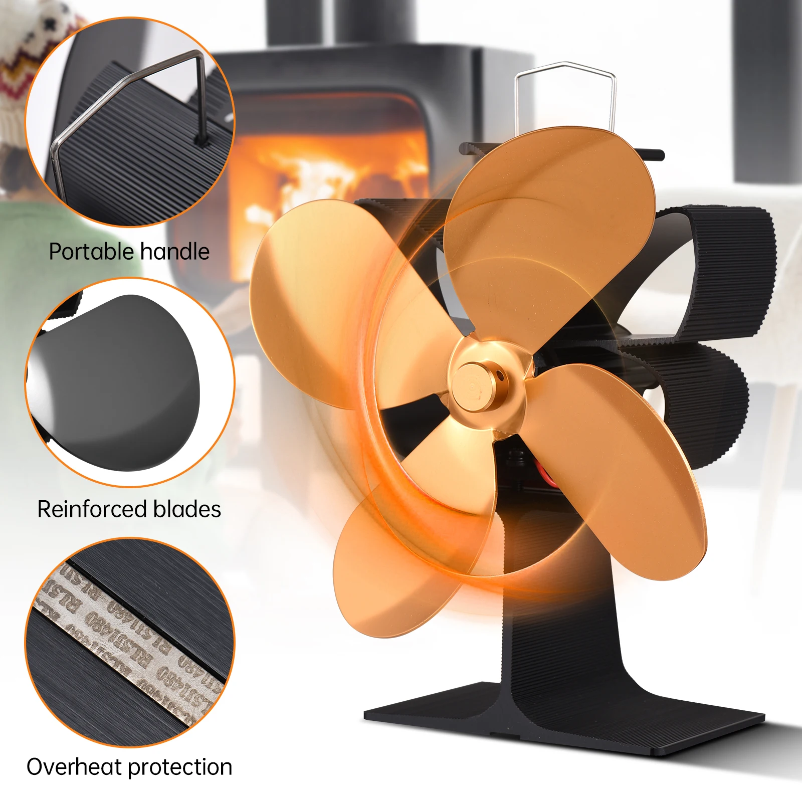 4 Blade Heat Powered Stove Fan with Carrying Handle and Overheating Protection Butterfly Heat Fan Non Electric Eco-Friendly