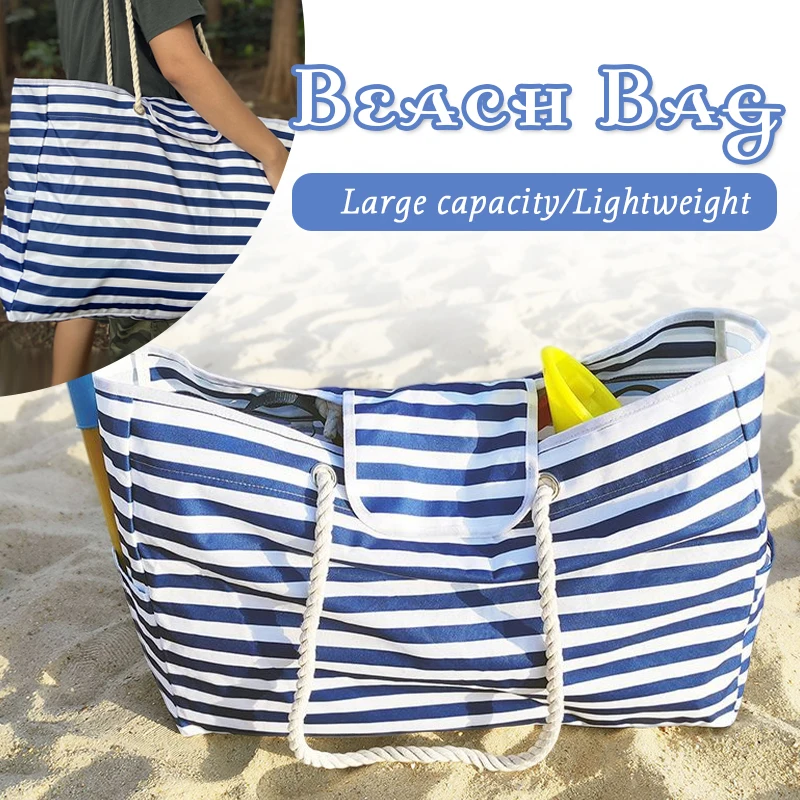 Extra Large Beach Bags for Women Striped Waterproof Sandproof Lightweight Durable Shoulder Tote Bag with Zipper Swim Pool Bag