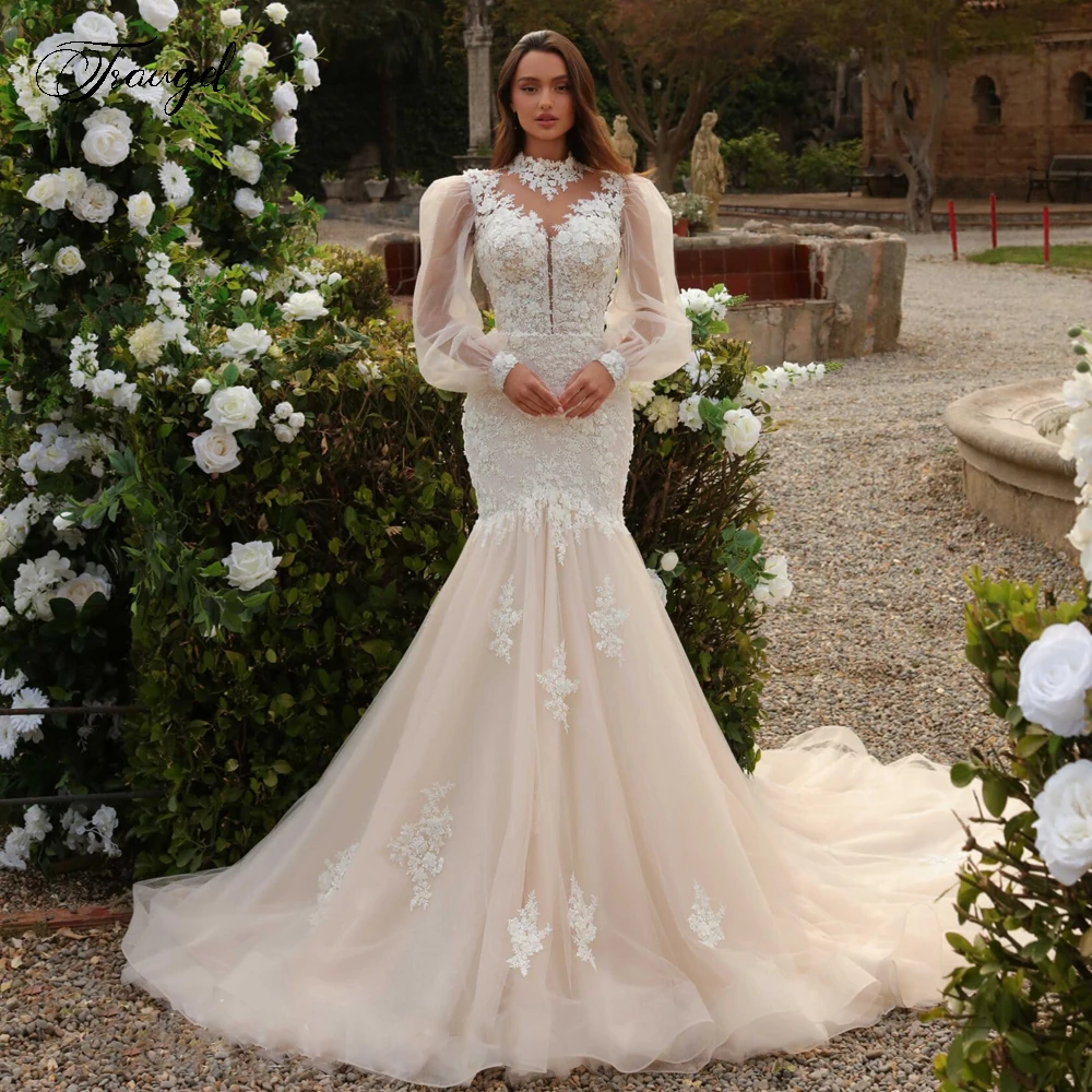 

Traugel Mermaid Elegant Wedding Dresses High Neck Long Sleeve Vestido De Novia Lace Appliques Sexy Sheath Robe De Mariee