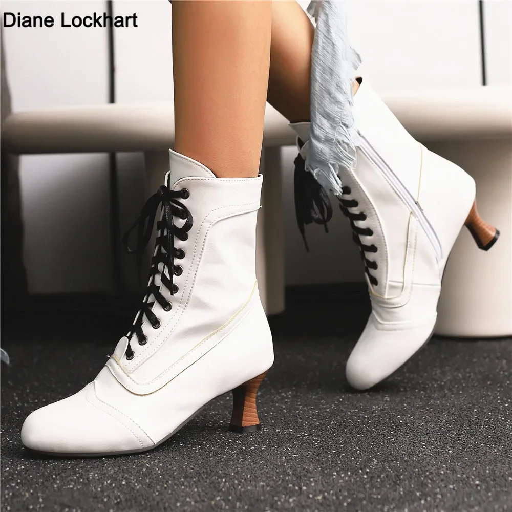 

Autumn New Lace Up Ladies High Heel Shoes Strange Steampunk Boot Victorian Ankle Boots Women Round Toe Thick Soled Short Boots
