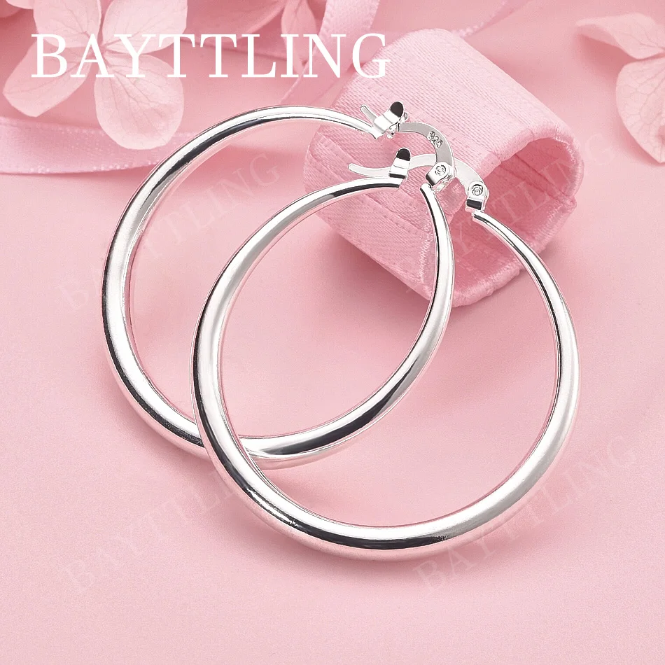 

Luxury 925 Sterling Silver 40mm Polished Round Earrings for Women, Fashion Accessories, Jewelry, Wedding Gifts