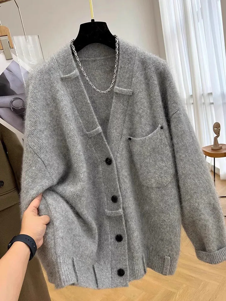 

Korean Autumn Winter 2023 Women's Clothing Gray Knitting Warm Cardigans Sweater Coat Female Outwear Top Promotion X496